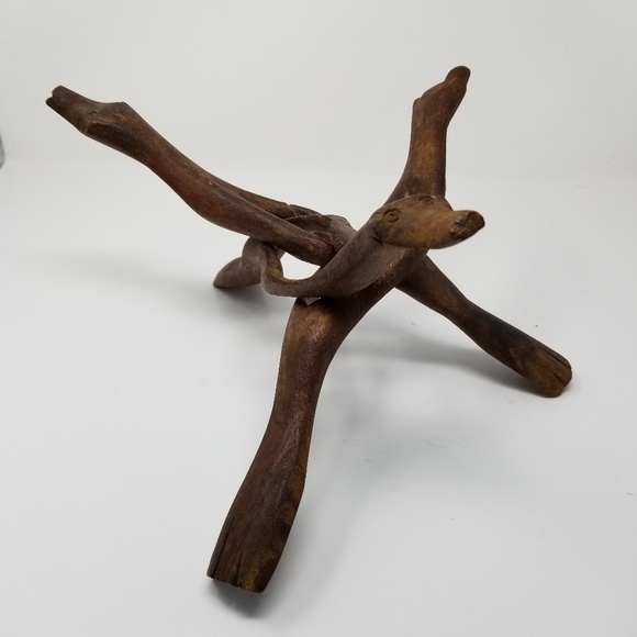 Wood Carved Folk Art Sculpture Creature Face Snake Stand Primitive Interlocking - Picture 3 of 15